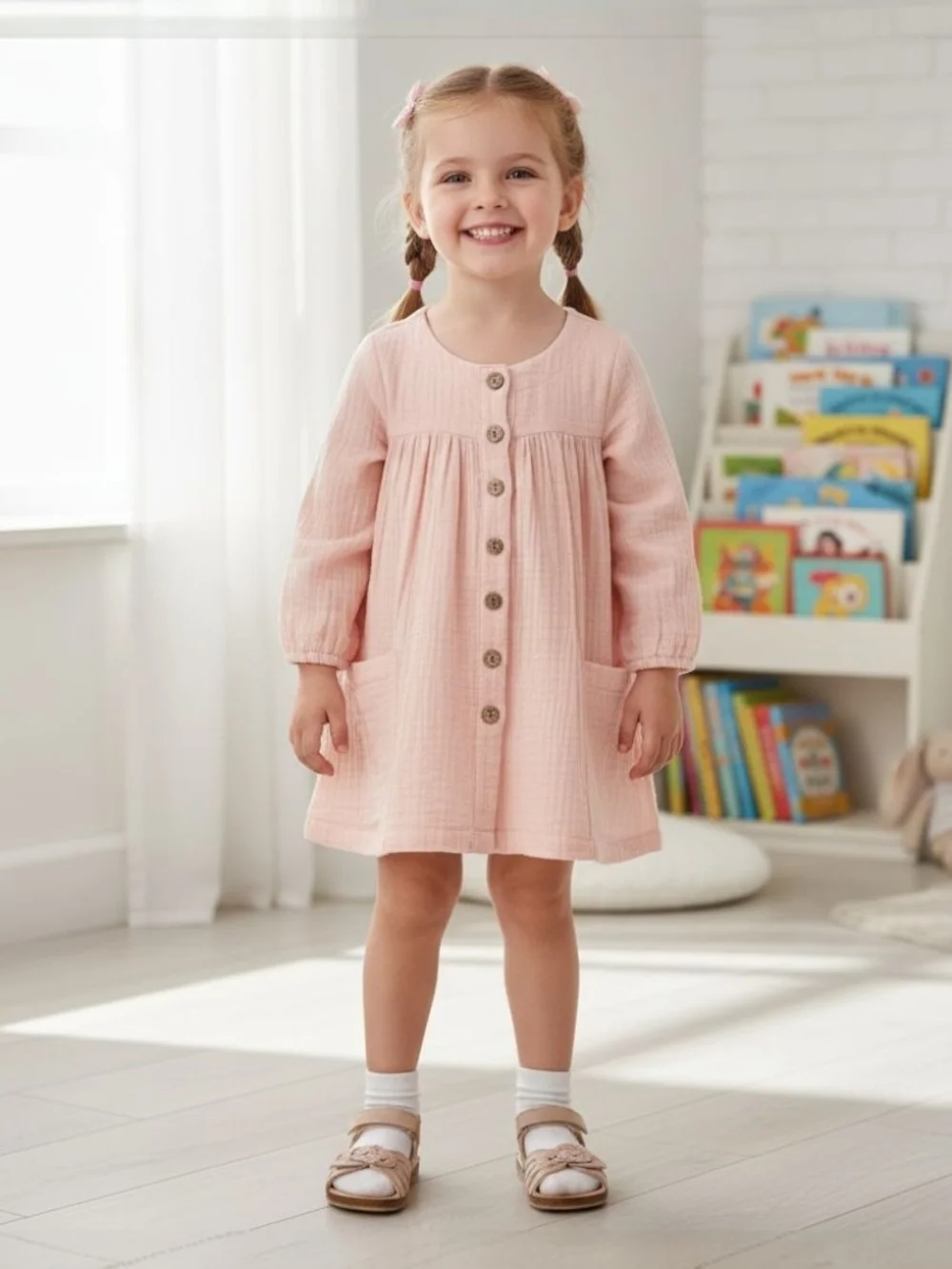 Boho Girl Pink Muslin Cotton Long Sleeve Dress Pockets Button Up Tunic Sz 6-7Y